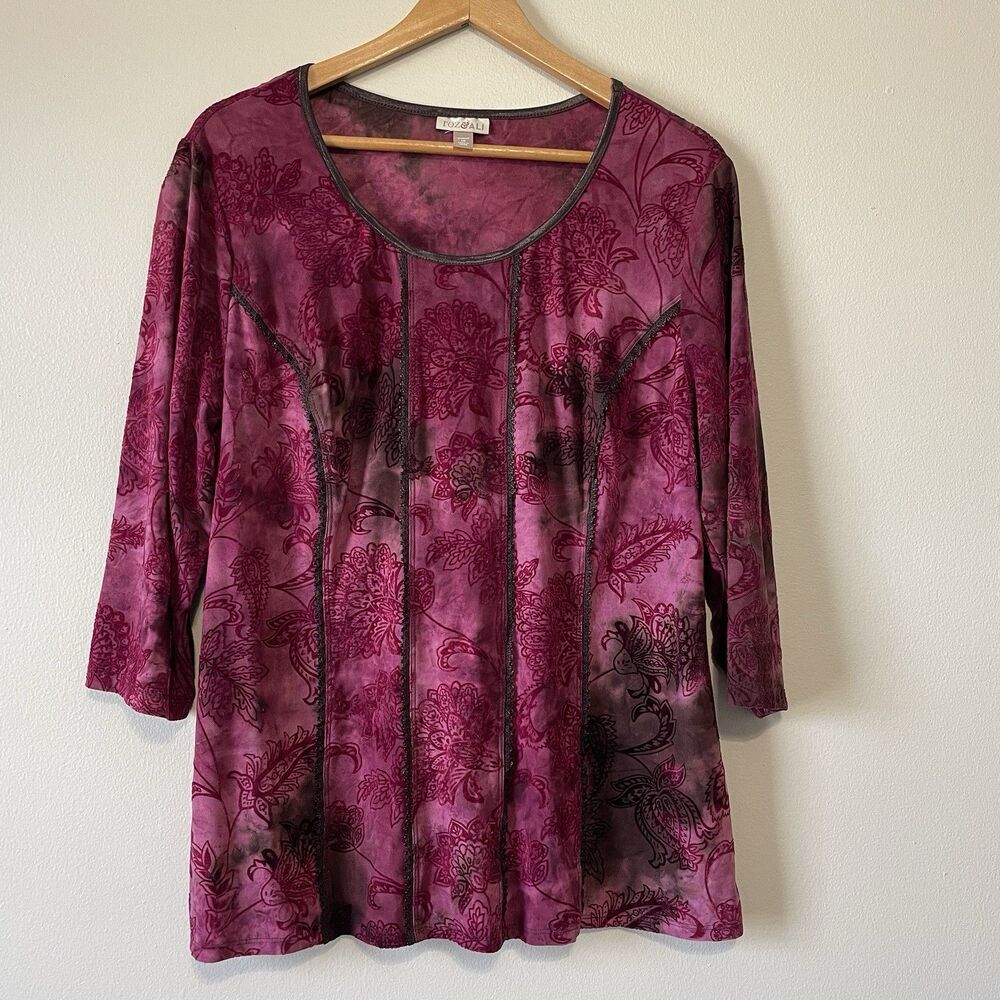 Roz & Ali Women’s 1X Pink Velvet Burnout Semi Sheer 3/4 Sleeve Y2K Romantic
